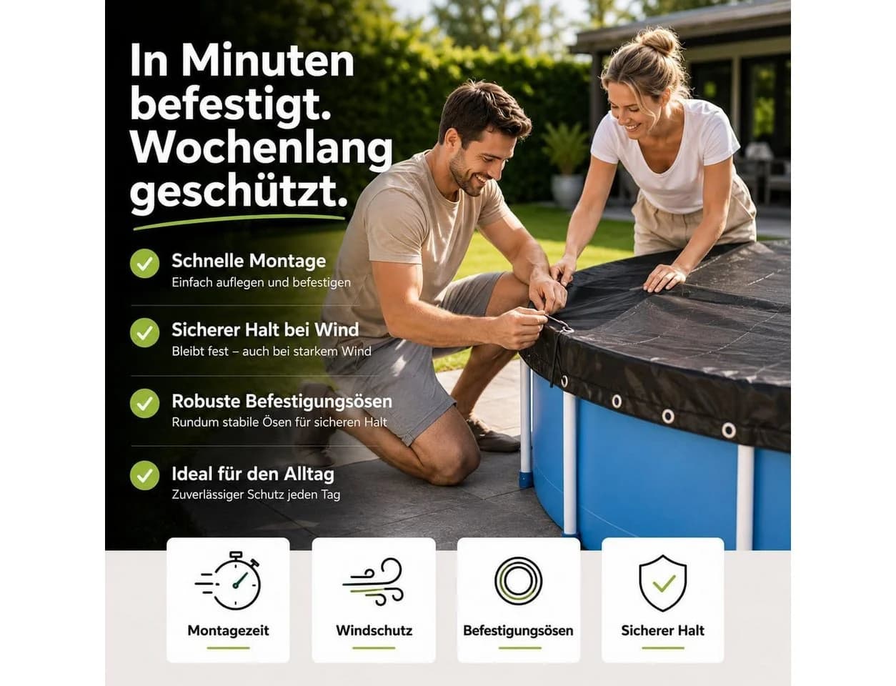 Gartiva® Poolüberdachung rund schwarz – 200 g/m² Solar Poolplane UV-beständig - Bild 4
