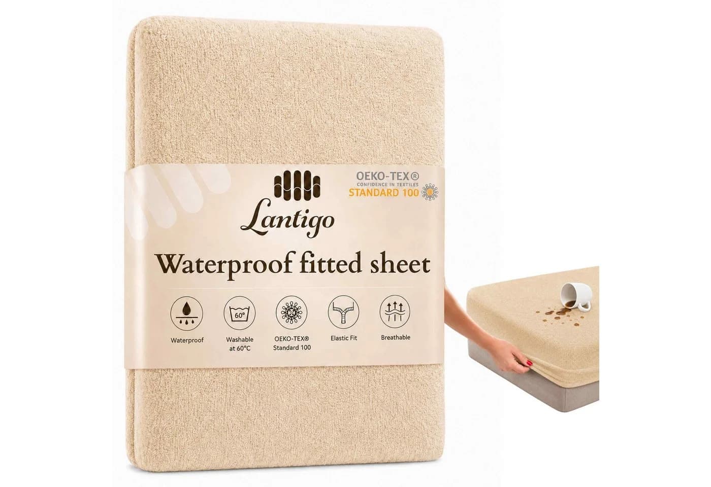 Lantigo Spannbettlaken wasserdicht beige Frottee Nässeschutz - Bild 2
