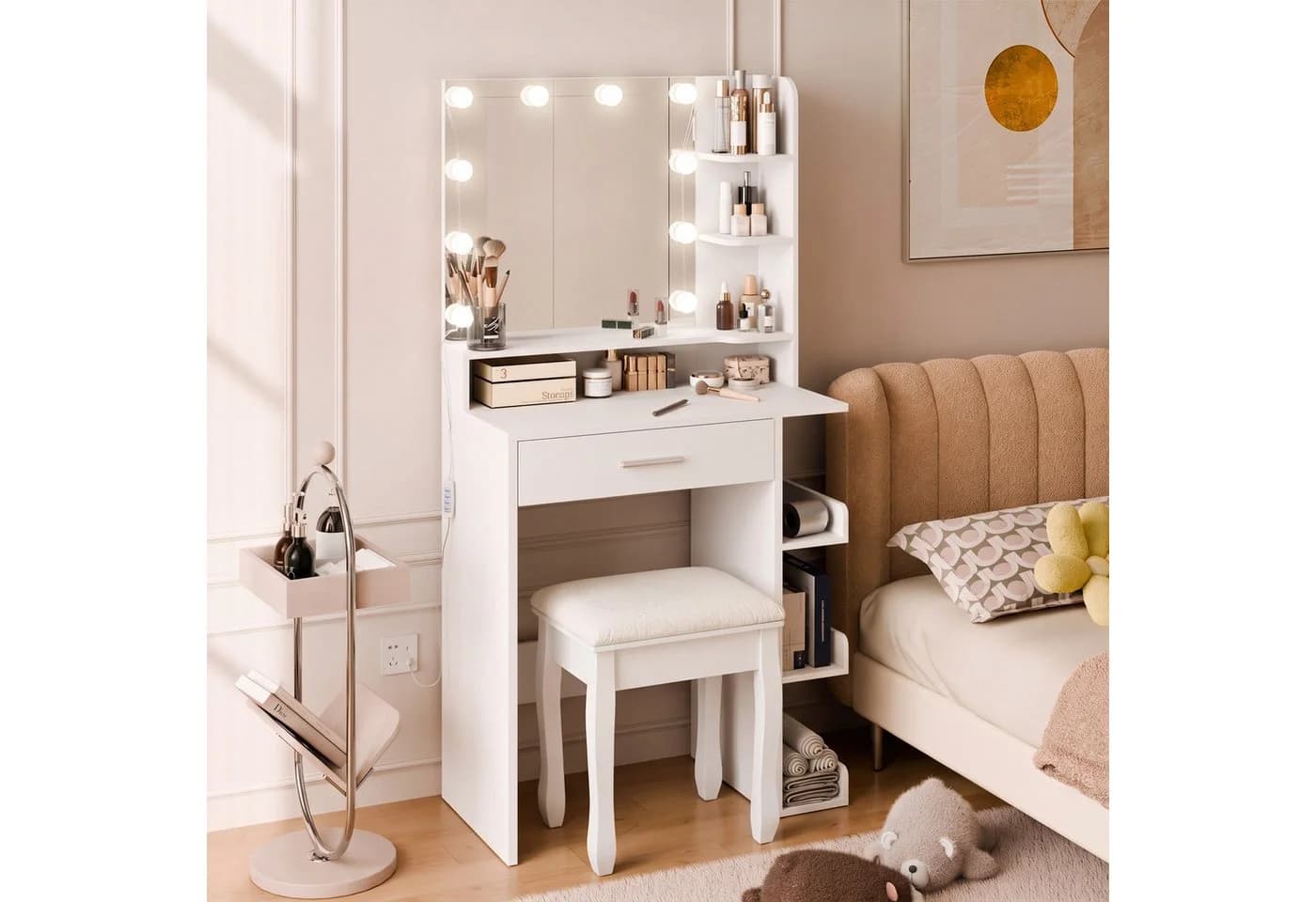 Mondeer Schminktisch mit LED-Licht, Spiegel & Hocker Weiß - Bild 4