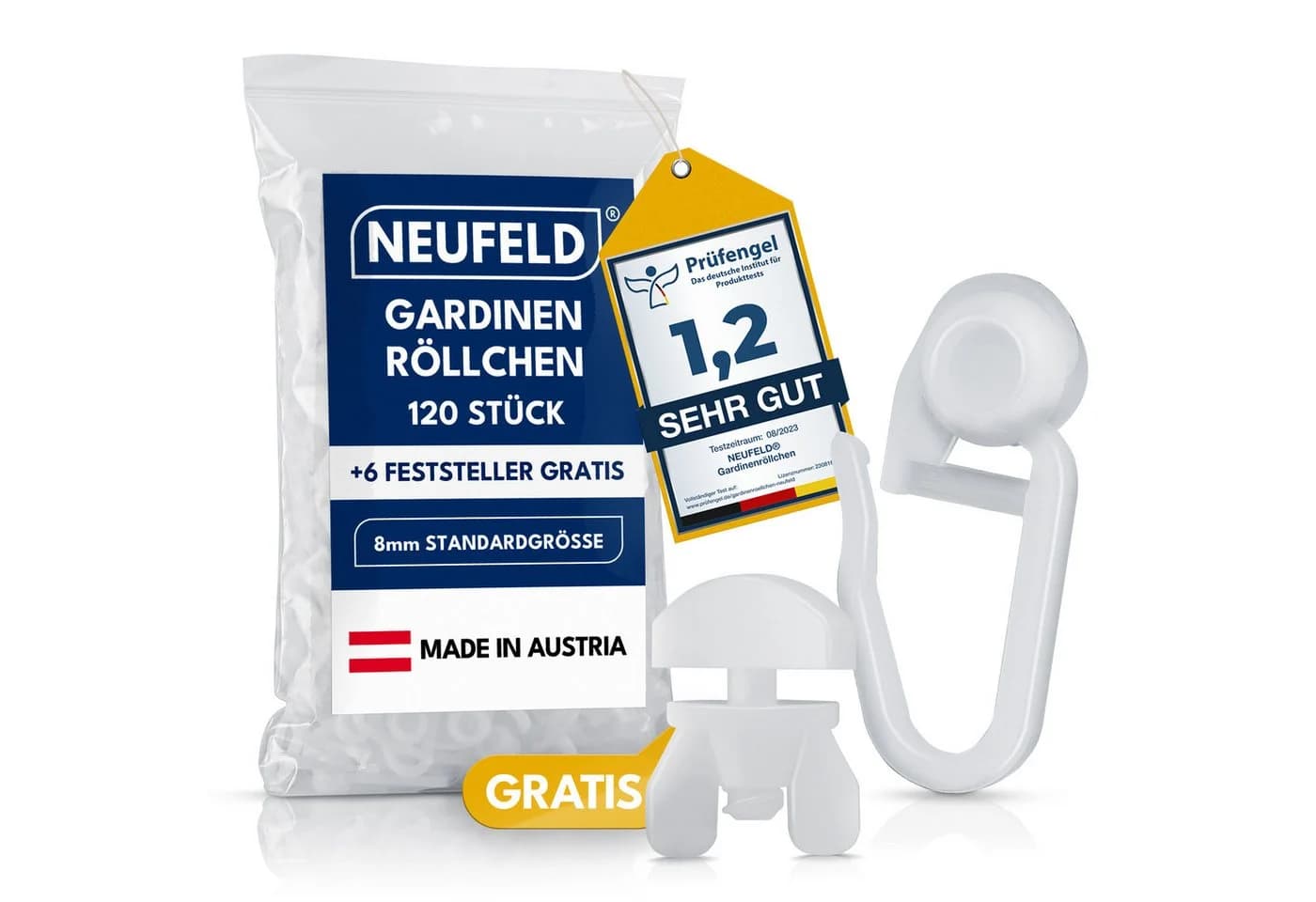 NEUFELD Gardinenröllchen 120 Stück inkl. 6 Feststeller für 8mm Schienen - Bild 2