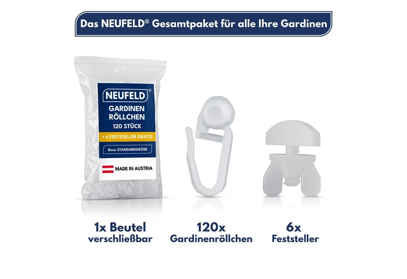 NEUFELD Gardinenröllchen 120 Stück inkl. 6 Feststeller für 8mm Schienen - Bild 4