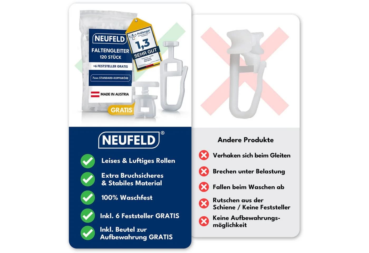 NEUFELD Gardinengleiter 120 Stück 7mm Standardgröße Leise & Leichtläufig
