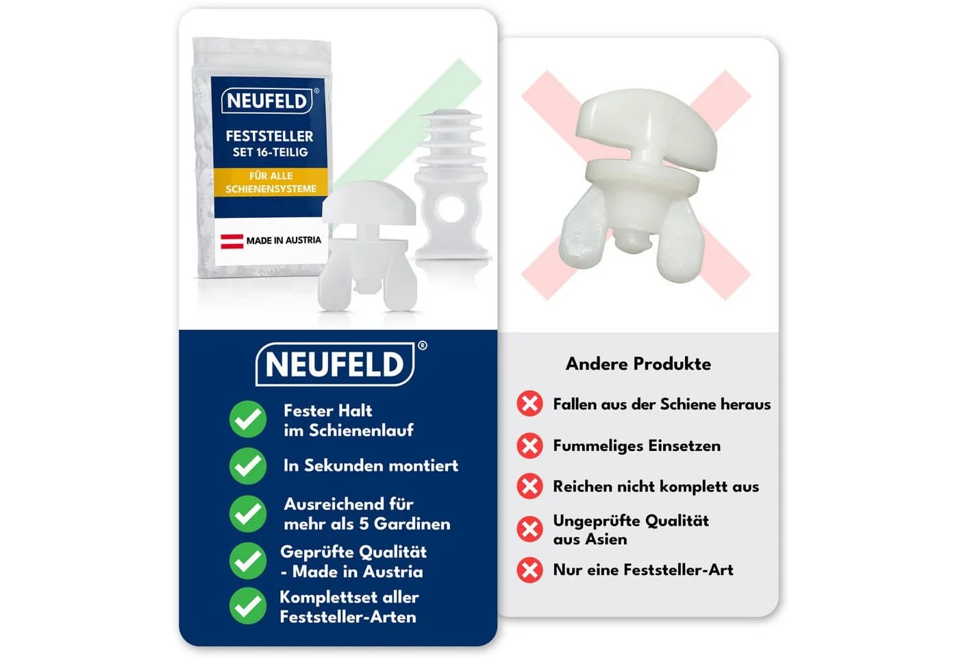 NEUFELD Gardinenstopper 16-tlg. Feststeller für Gardinenschienen