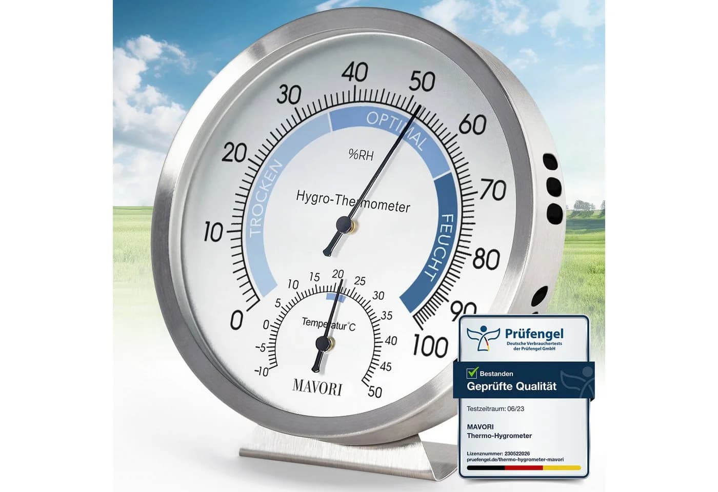 MAVORI Analoges Hygrometer & Thermometer Edelstahl Ø 12,5cm Batteriefrei - Bild 2