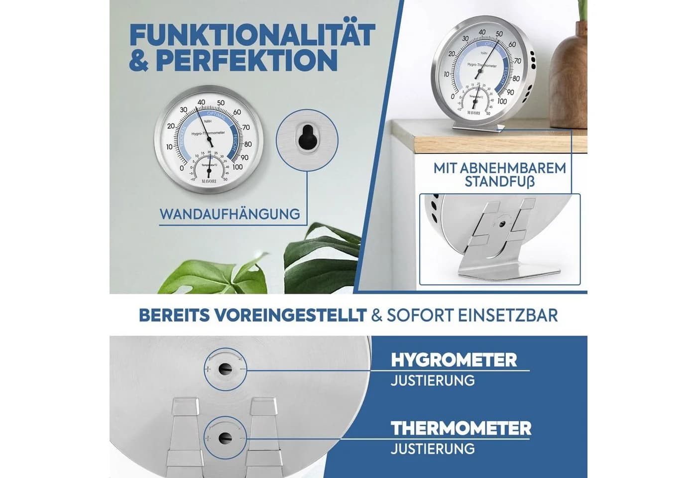 MAVORI Analoges Hygrometer & Thermometer Edelstahl Ø 12,5cm Batteriefrei - Bild 3