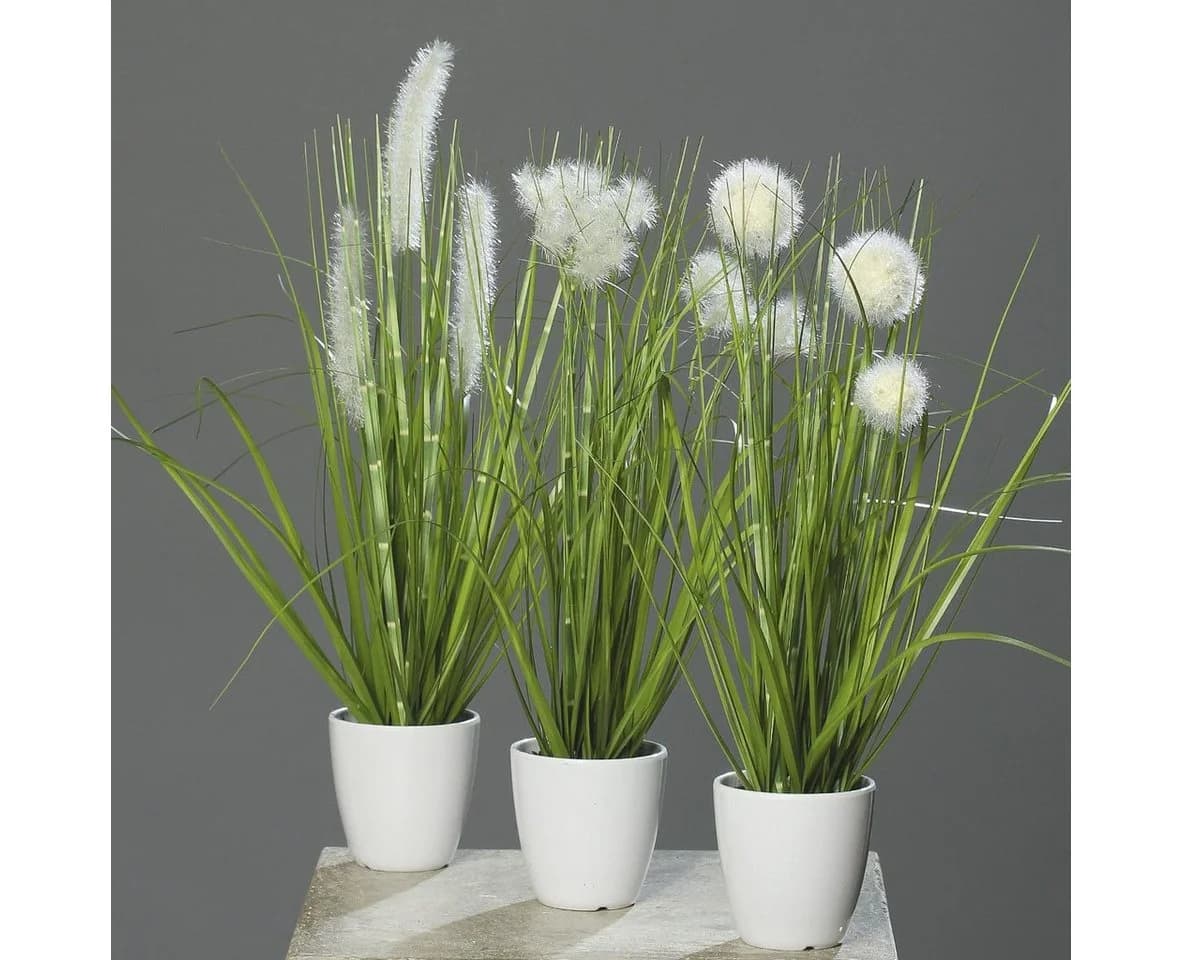 mucPlants Kunstgras 3er Set Grün/Creme im weißen Topf
