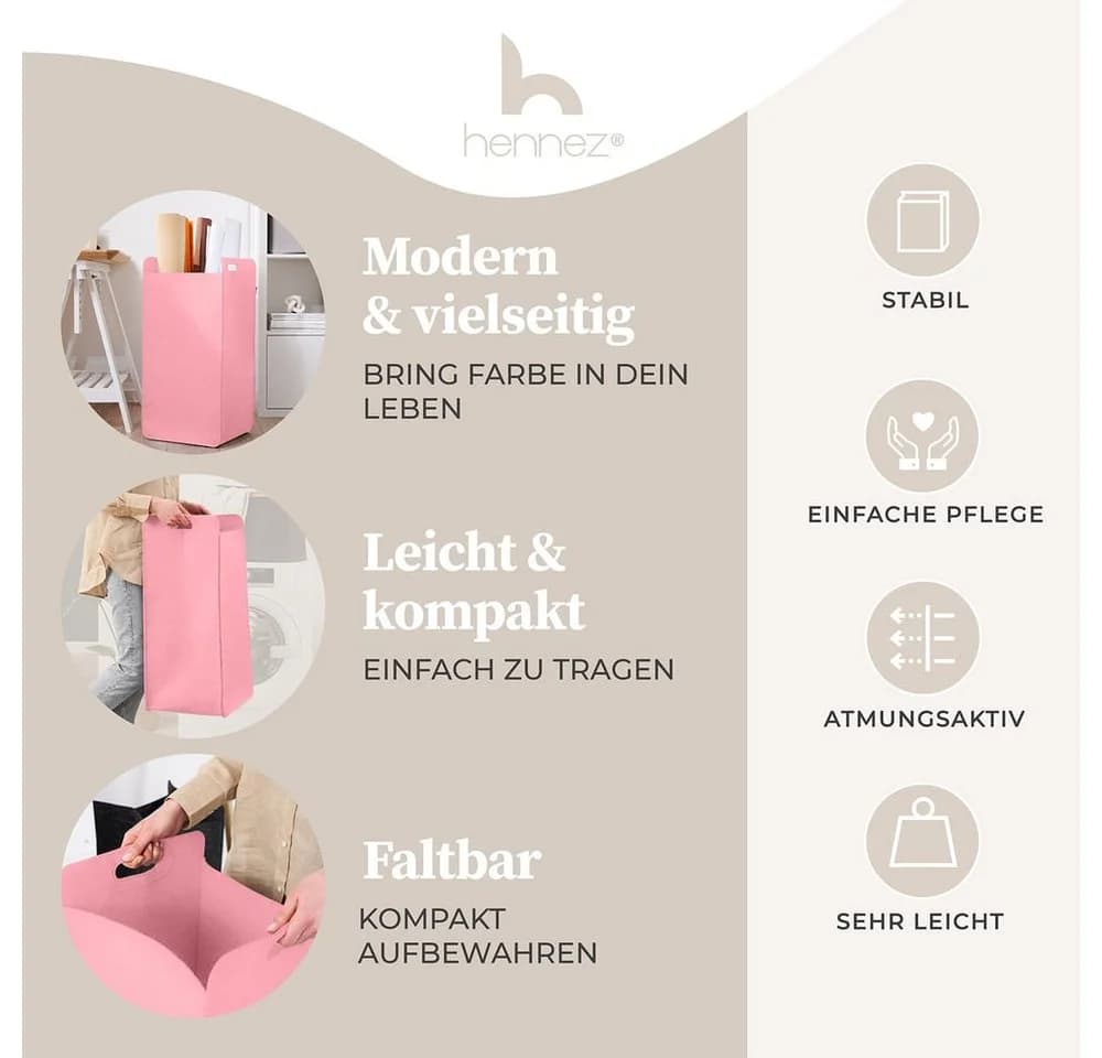 HENNEZ Wäschekorb Katy Rosa Filz Faltbar 80L