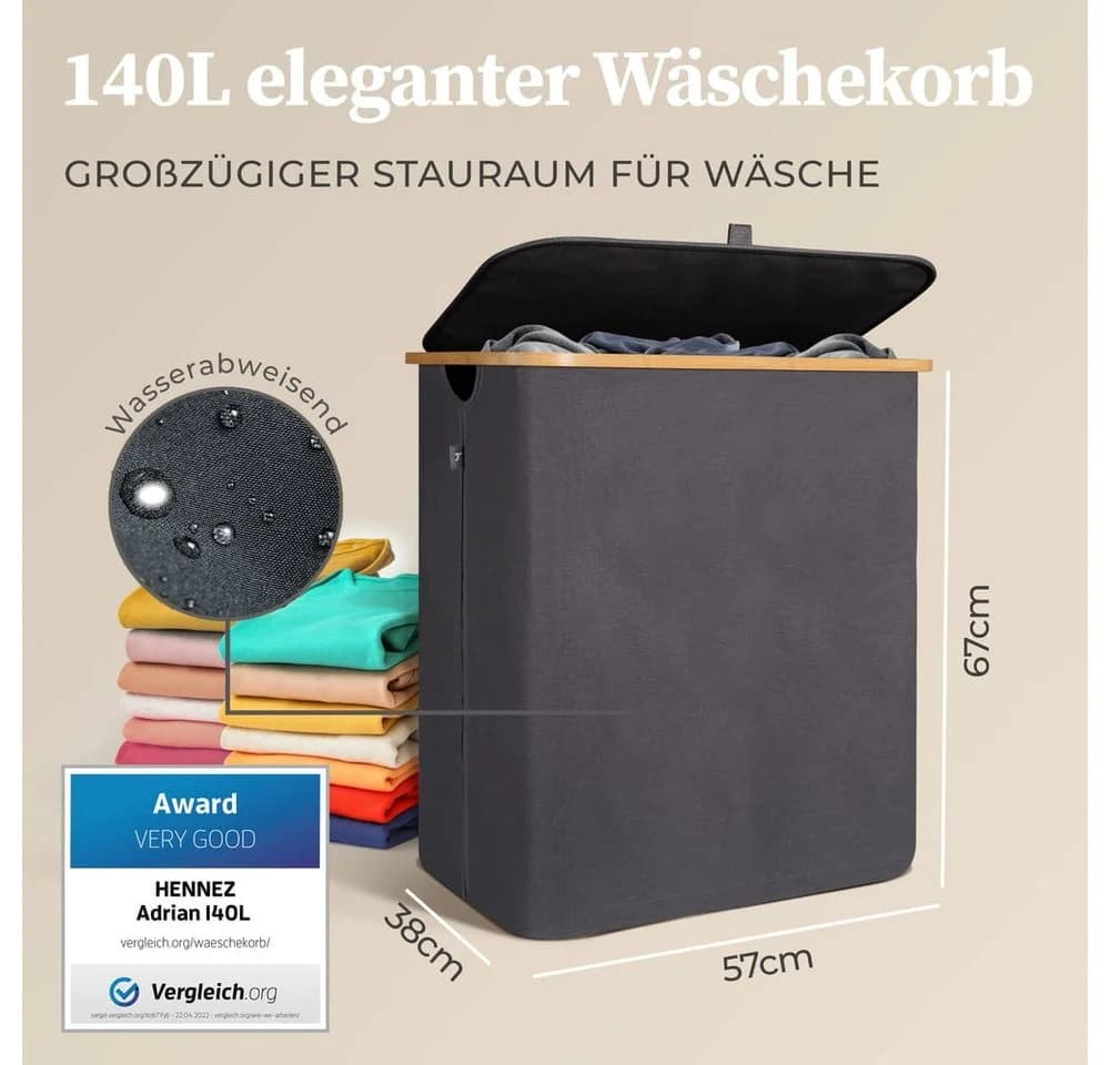 HENNEZ Wäschekorb Bambus mit Deckel 2 Fächer Dunkelgrau 140L - Bild 3