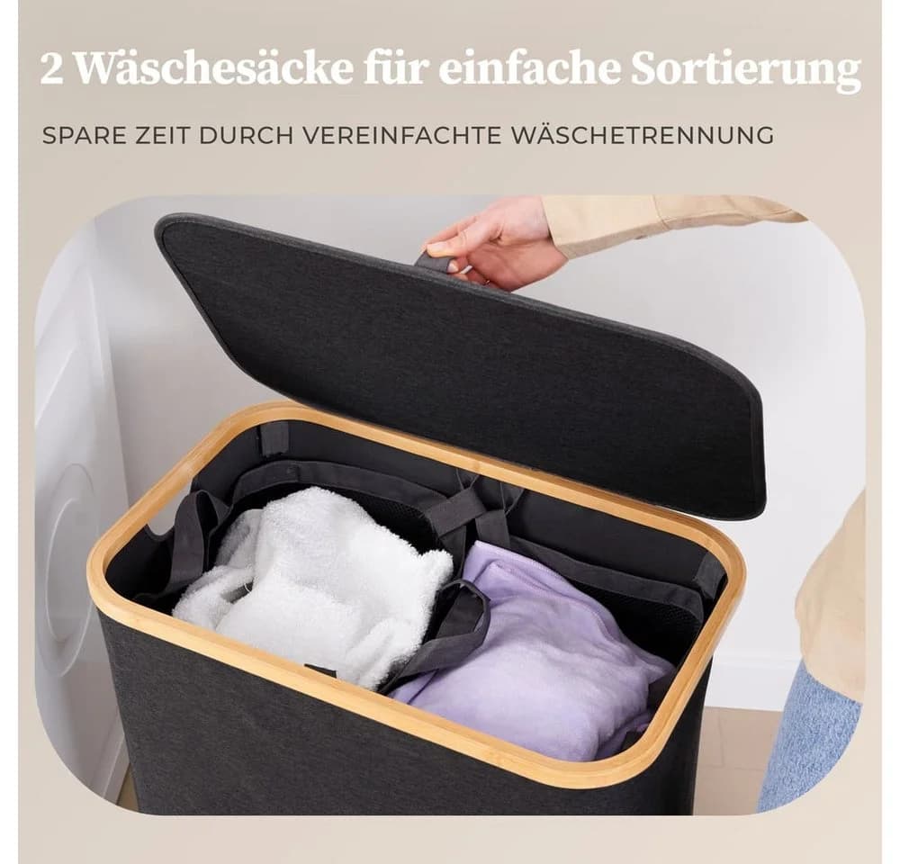 HENNEZ Wäschekorb Bambus mit Deckel 2 Fächer Dunkelgrau 140L - Bild 4