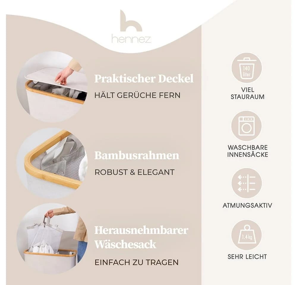 HENNEZ Wäschekorb Bambus 2 Fächer 140L Beige-Grau