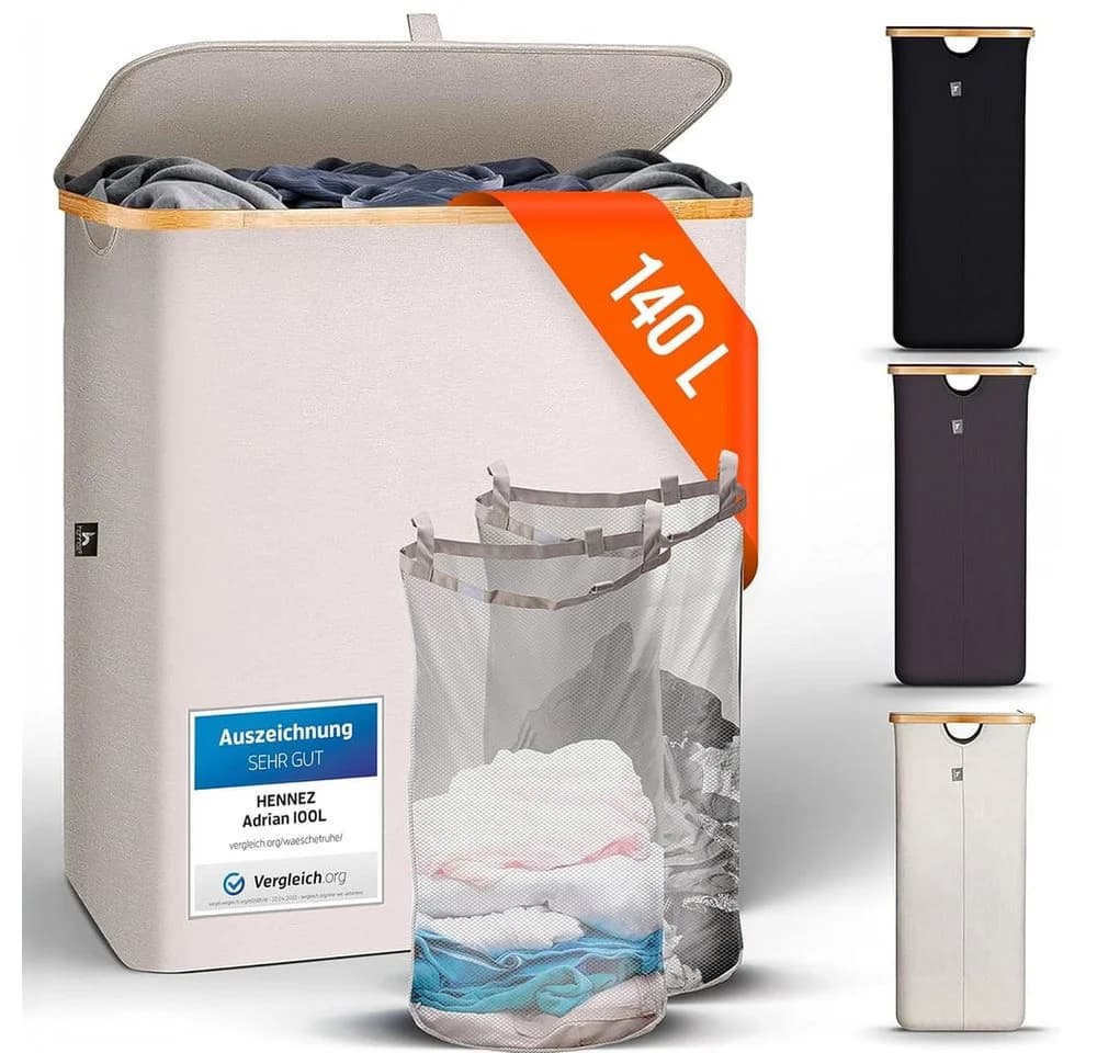 HENNEZ Wäschekorb Bambus 2 Fächer 140L Beige-Grau - Bild 2