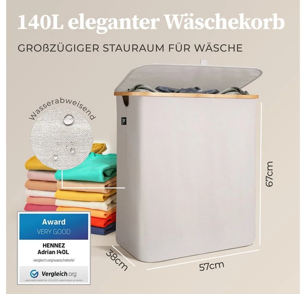 HENNEZ Wäschekorb Bambus 2 Fächer 140L Beige-Grau - Bild 3