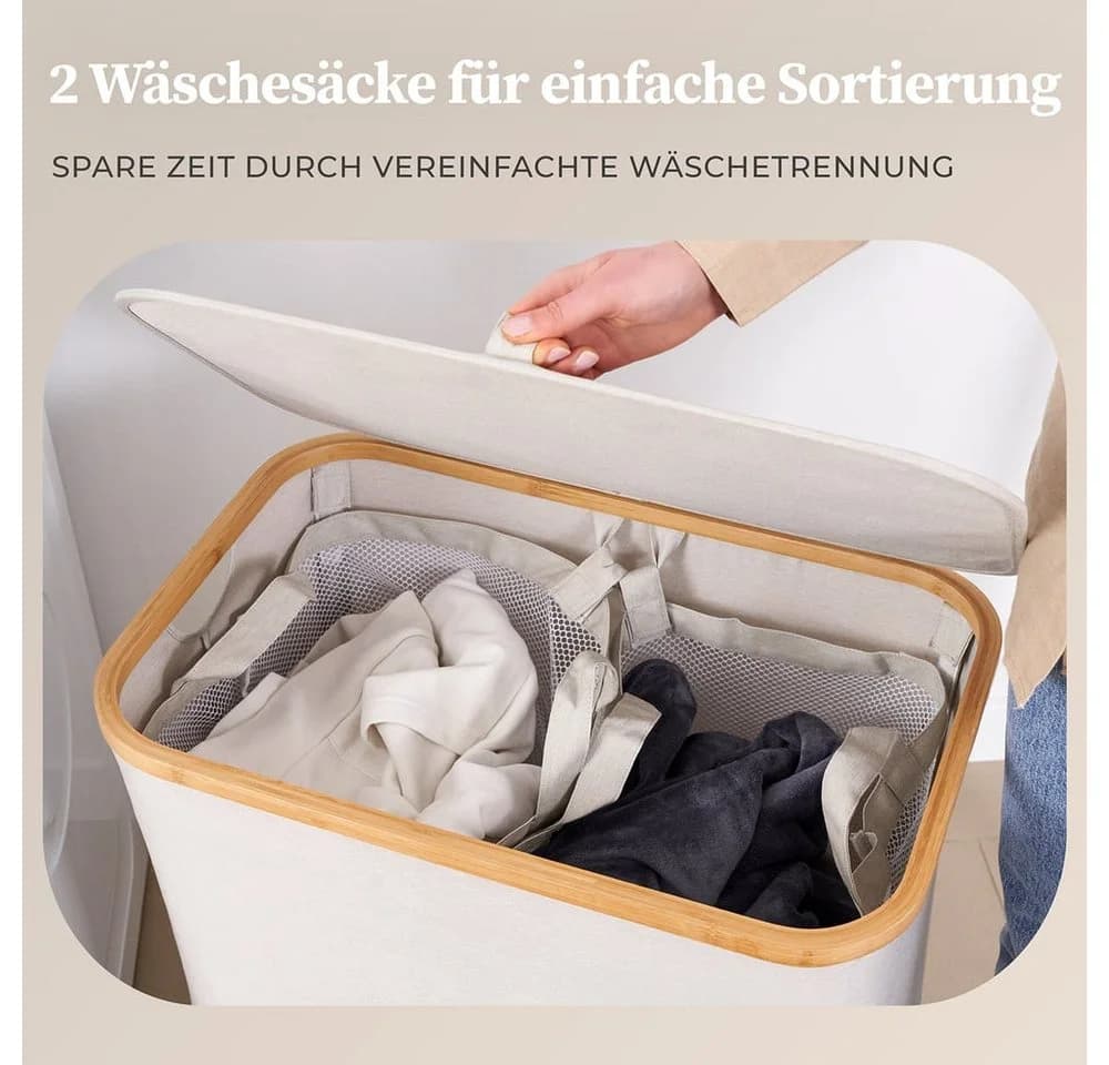 HENNEZ Wäschekorb Bambus 2 Fächer 140L Beige-Grau - Bild 4