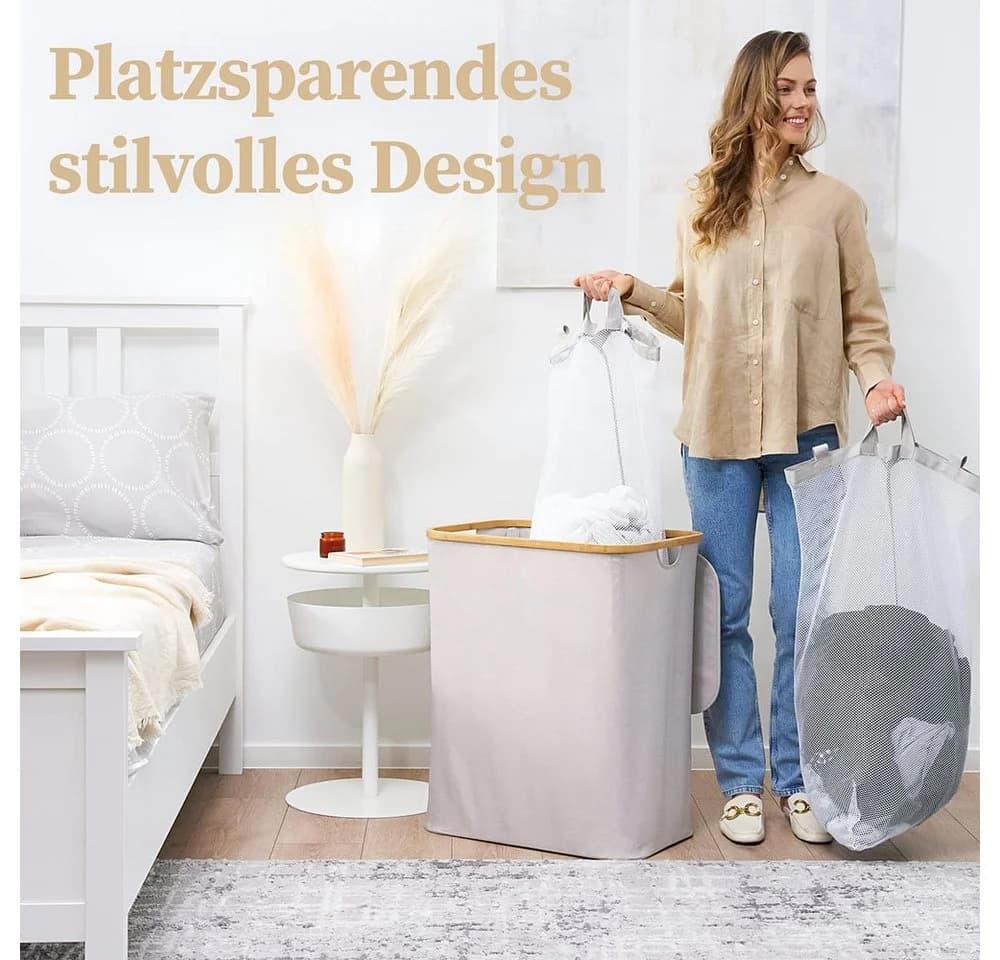 HENNEZ Wäschekorb Bambus 2 Fächer 140L Beige-Grau - Bild 5