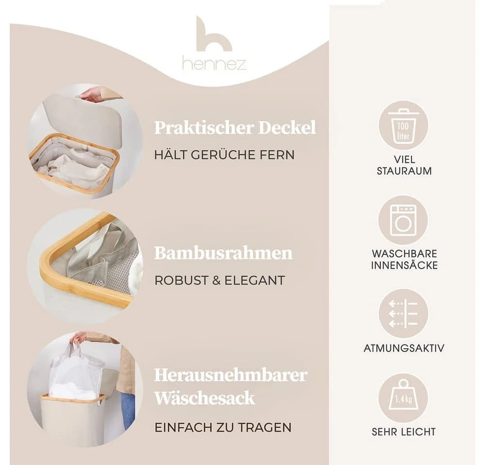 HENNEZ Wäschekorb mit Bambusgriff 100 l Dunkelgrau mit Deckel