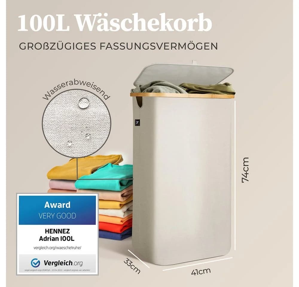 HENNEZ Wäschekorb mit Bambusgriff 100 l Dunkelgrau mit Deckel - Bild 3