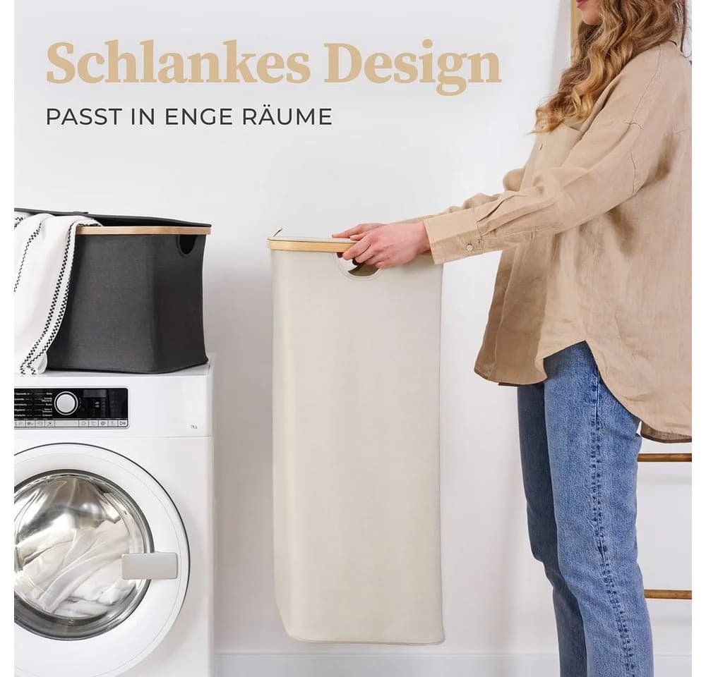 HENNEZ Wäschekorb mit Bambusgriff 100 l Dunkelgrau mit Deckel - Bild 5