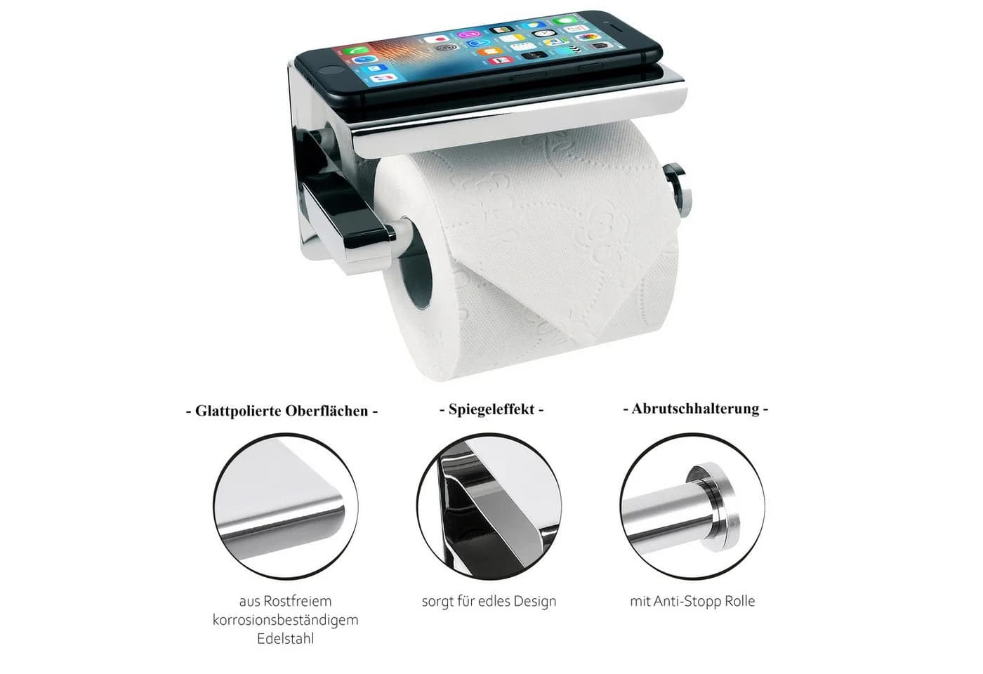 Dolvhin Toilettenpapierhalter Edelstahl ohne Bohren mit Ablage & 2 Haken - Bild 3