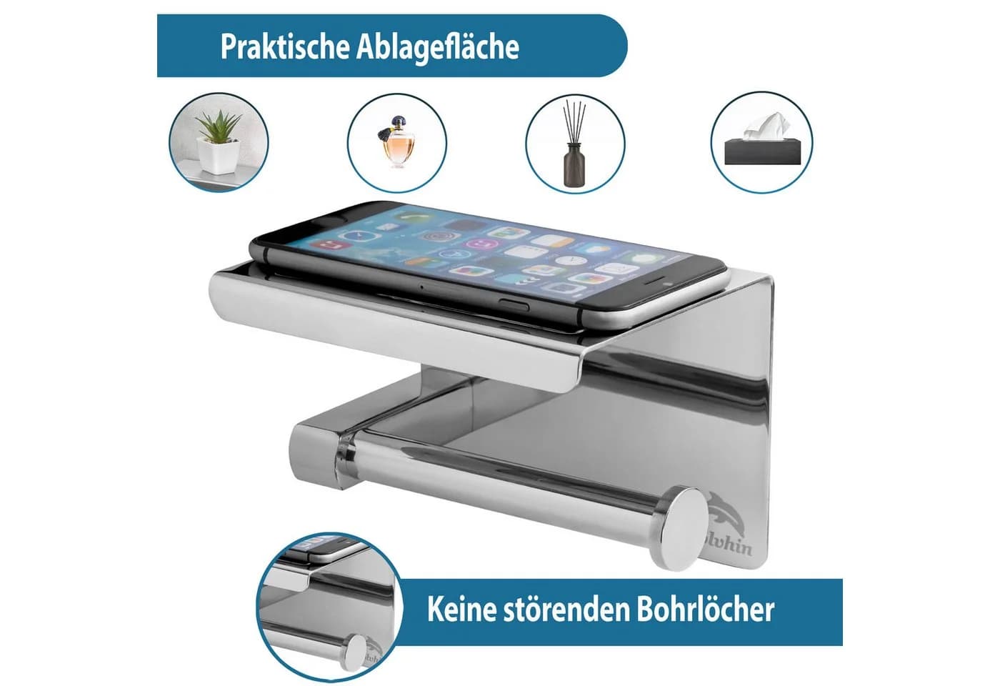 Dolvhin Toilettenpapierhalter Edelstahl mit Ablage ohne Bohren - Bild 4
