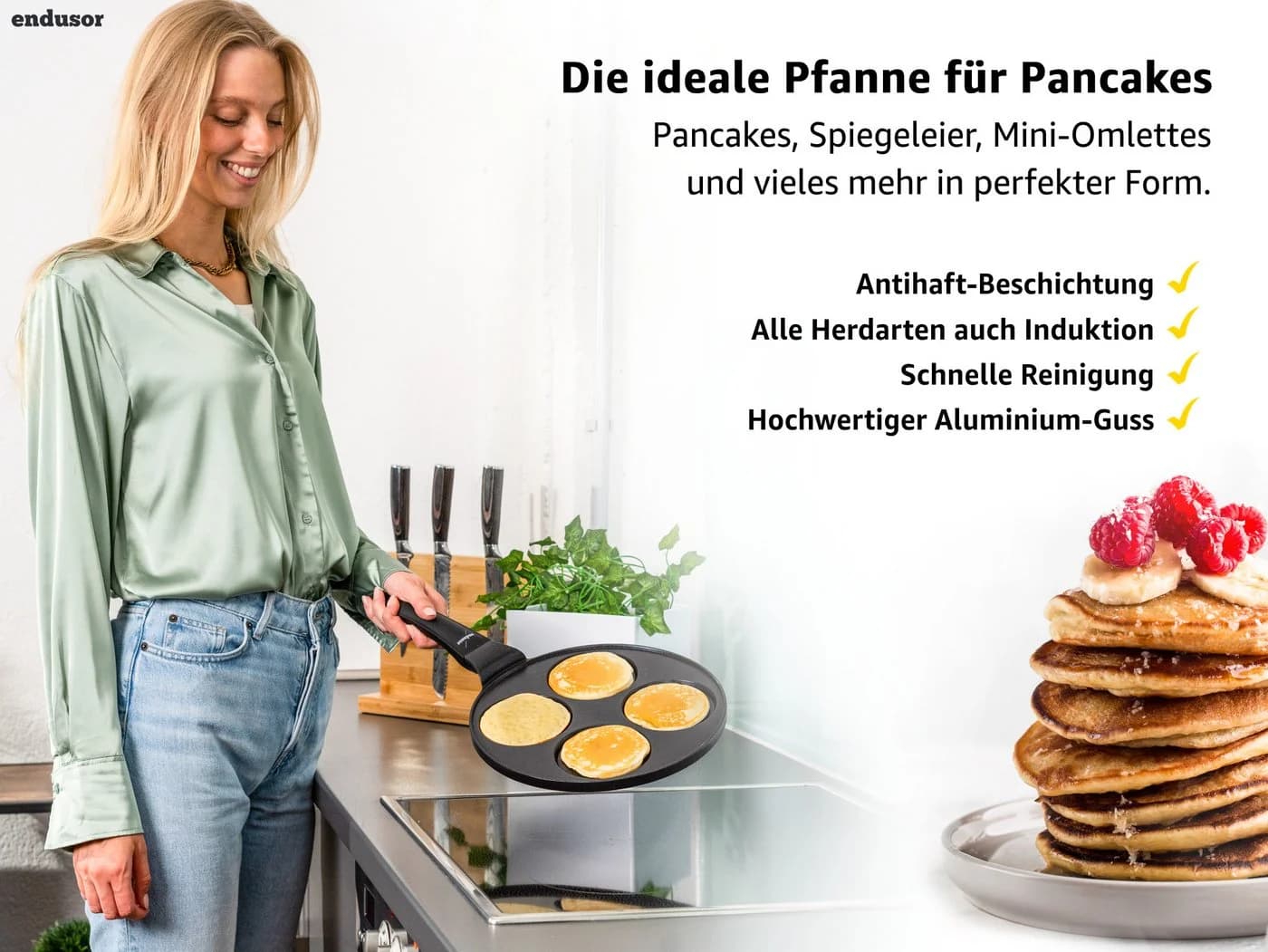 endusor Crêpepfanne Pancake Pfanne ⌀26cm (4 Mulden) Aluminiumguss