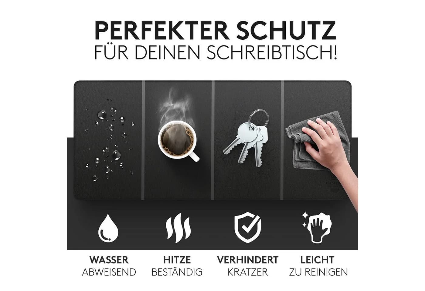 HAMZAM Schreibtischunterlage PU Leder Schwarz 90x40cm mit Mauspad Funktion
