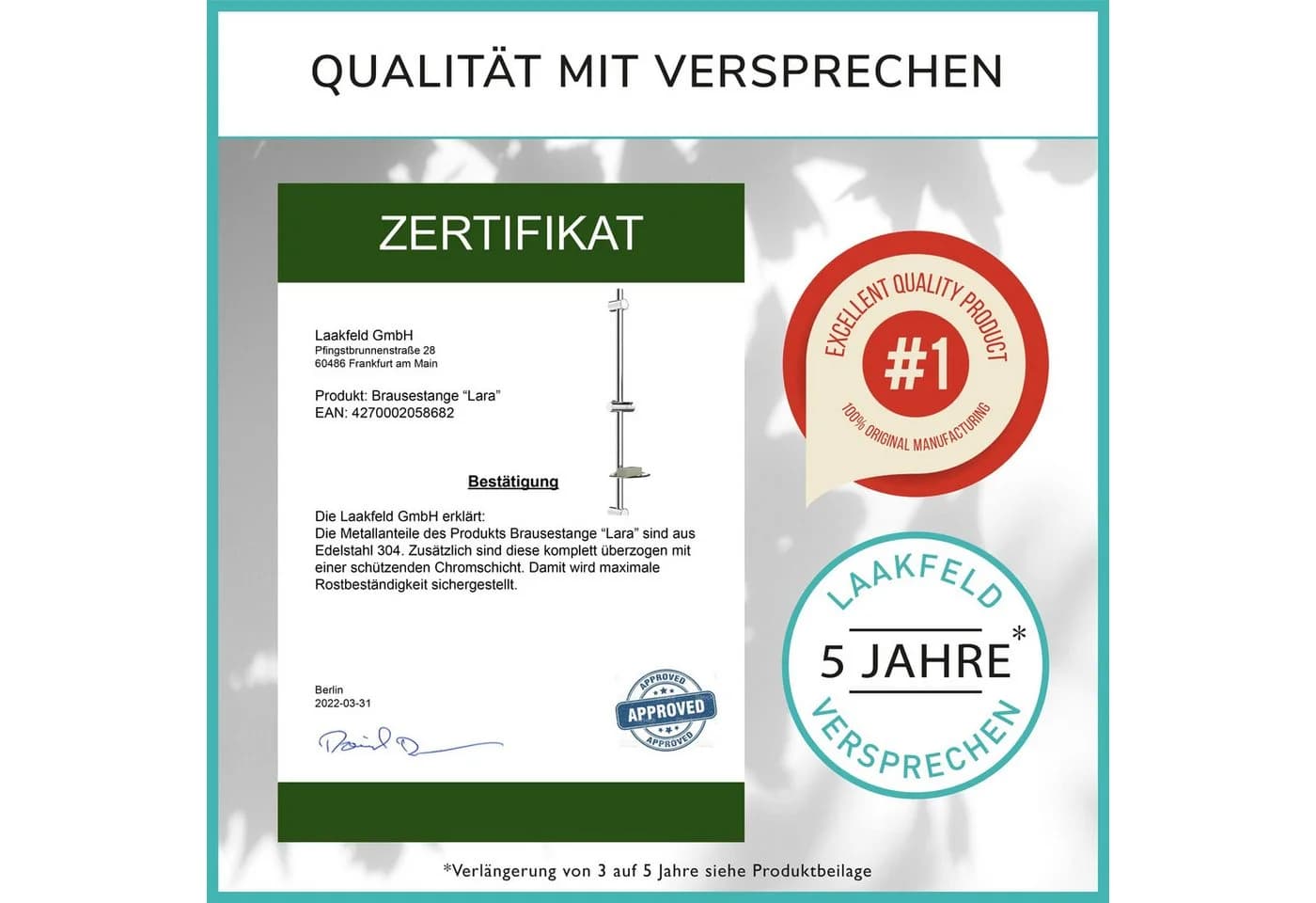 Laakfeld Duschstange Edelstahl Rostfrei mit Slider - Bild 5