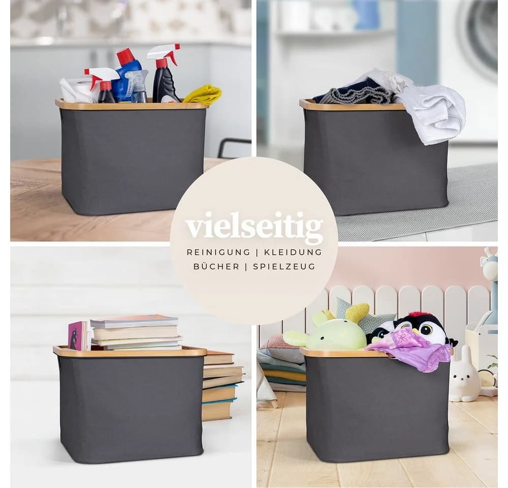 HENNEZ Aufbewahrungskorb 40L Grau/Schwarz Bambusrahmen - Bild 4