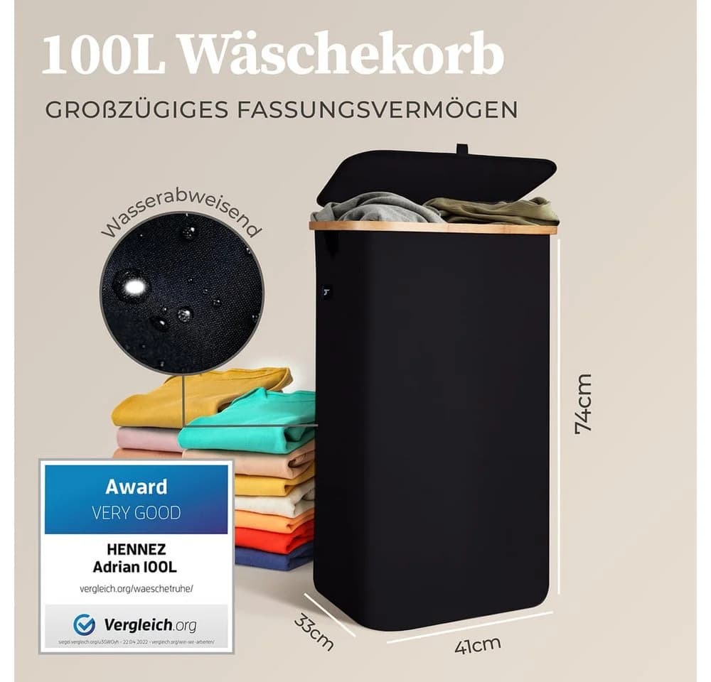 HENNEZ Wäschekorb 100l mit Deckel und Griff Dunkelgrau Bambus - Bild 3
