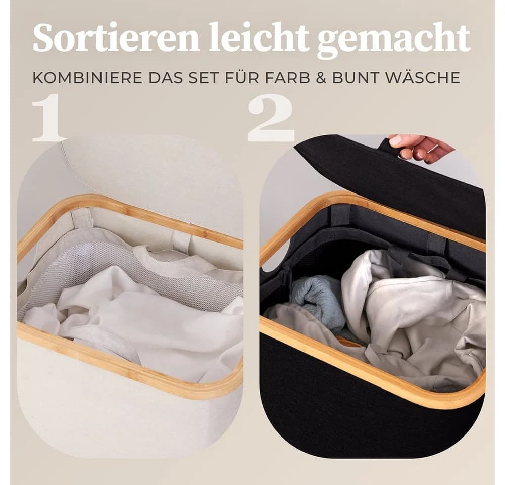 HENNEZ Wäschekorb 100l mit Deckel und Griff Dunkelgrau Bambus - Bild 4