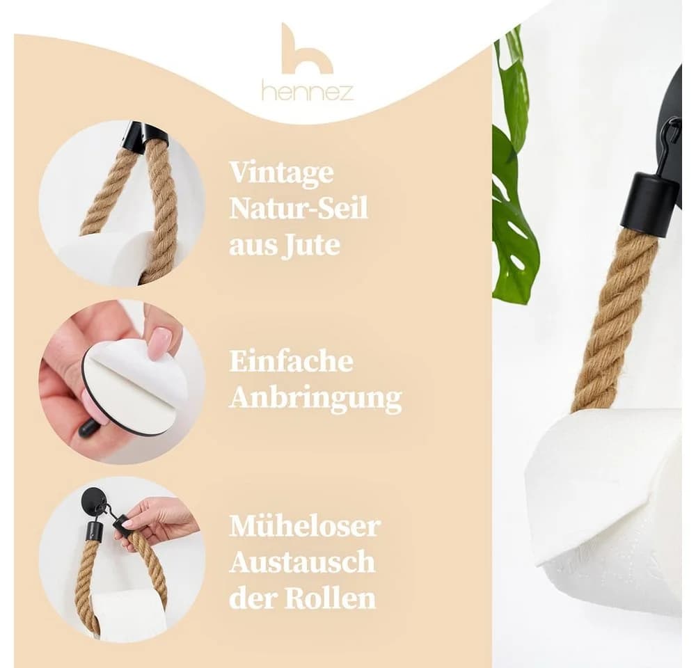 HENNEZ Toilettenpapierhalter ohne Bohren - Naturjute-Seil - Mattschwarz