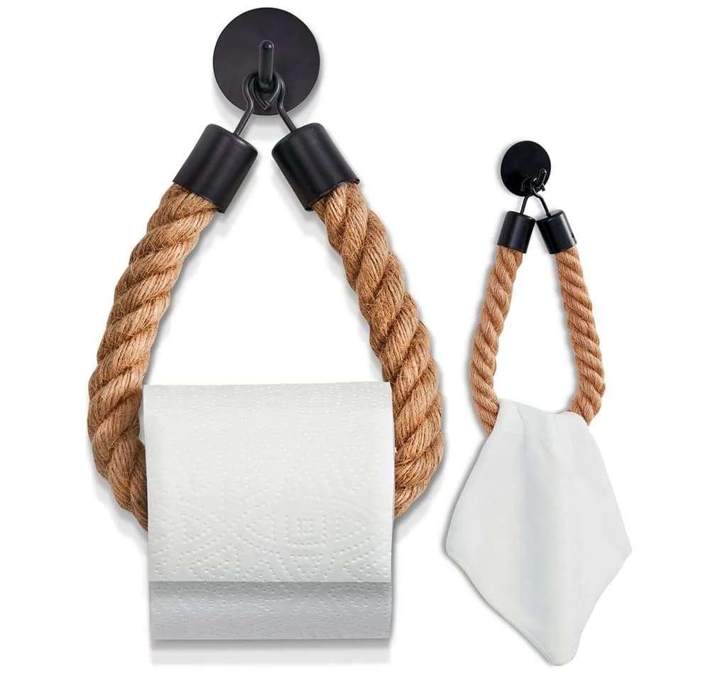 HENNEZ Toilettenpapierhalter ohne Bohren - Naturjute-Seil - Mattschwarz - Bild 2