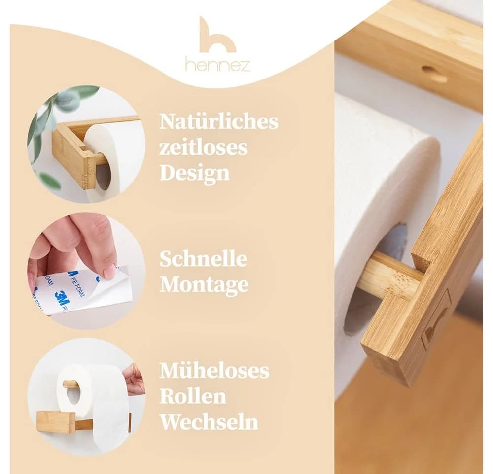 HENNEZ Toilettenpapierhalter Bambus - Selbstklebend Ohne Bohren - Bild 3