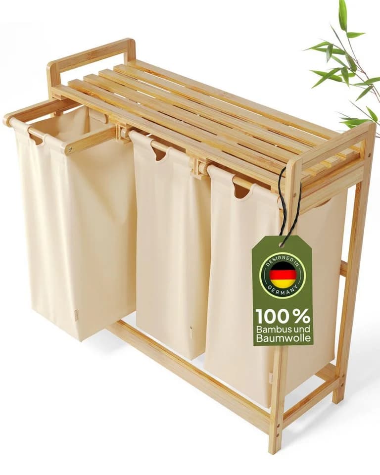 AMBIAVO Wäschekorb 3 Fächer Bambus Baumwolle Ablage - Bild 2