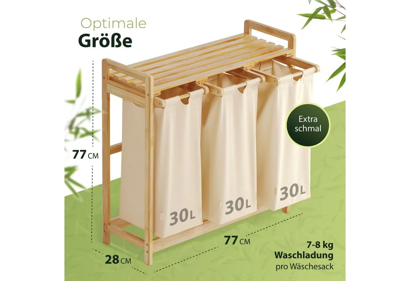 AMBIAVO Wäschekorb 3 Fächer Bambus Baumwolle Ablage - Bild 3