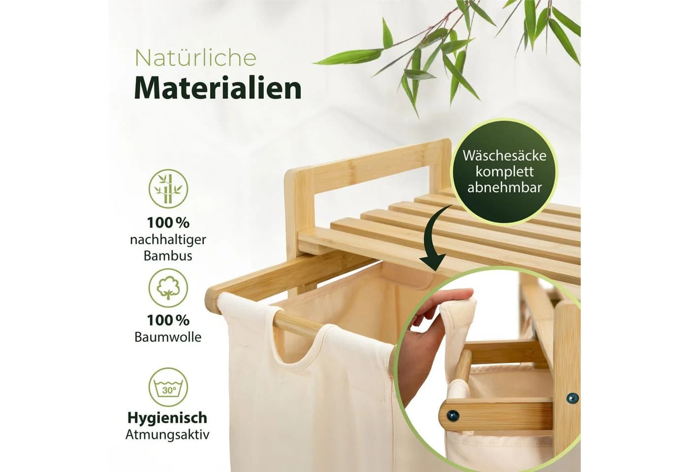 AMBIAVO Wäschekorb 3 Fächer Bambus Baumwolle Ablage - Bild 4