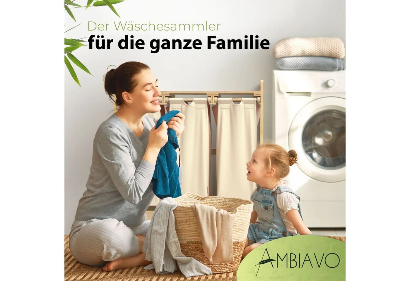 AMBIAVO Wäschekorb 3 Fächer Bambus Baumwolle Ablage - Bild 5