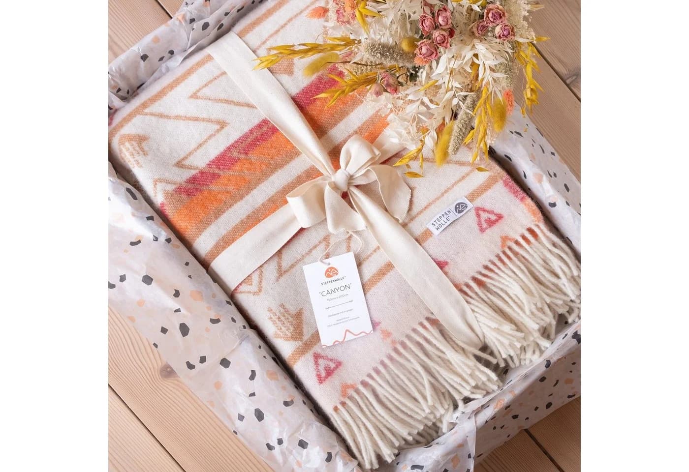 Steppenwolle Plaid CANYON Wolldecke Boho Beige Braun 130x200cm
