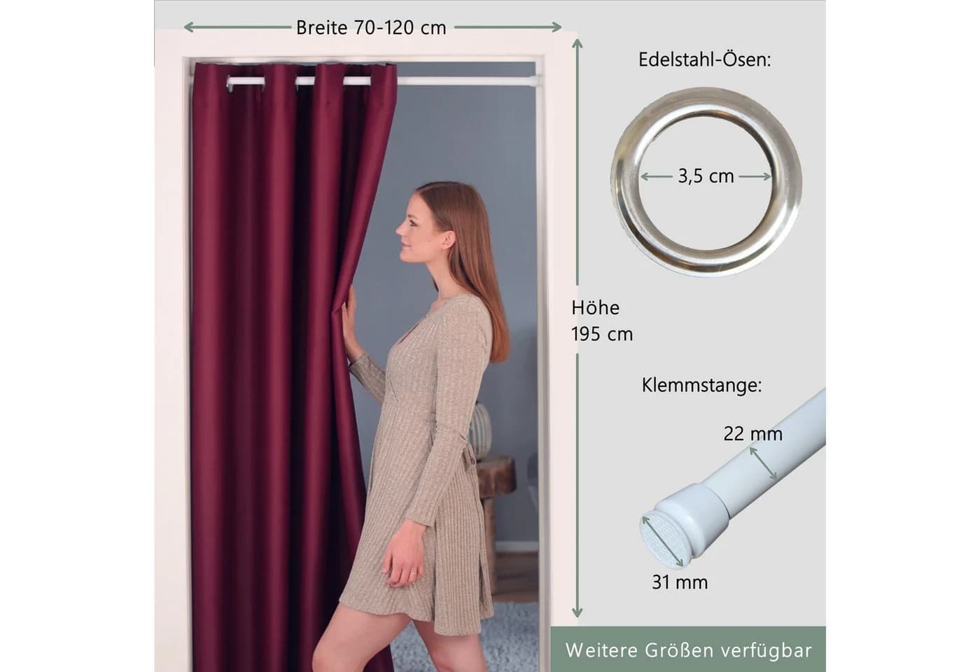 tinycurtains Türvorhang mit Stange weiß 70-120 cm Thermo Vorhang ohne Bohren, blickdicht, Polyester, bordeaux rot Berry