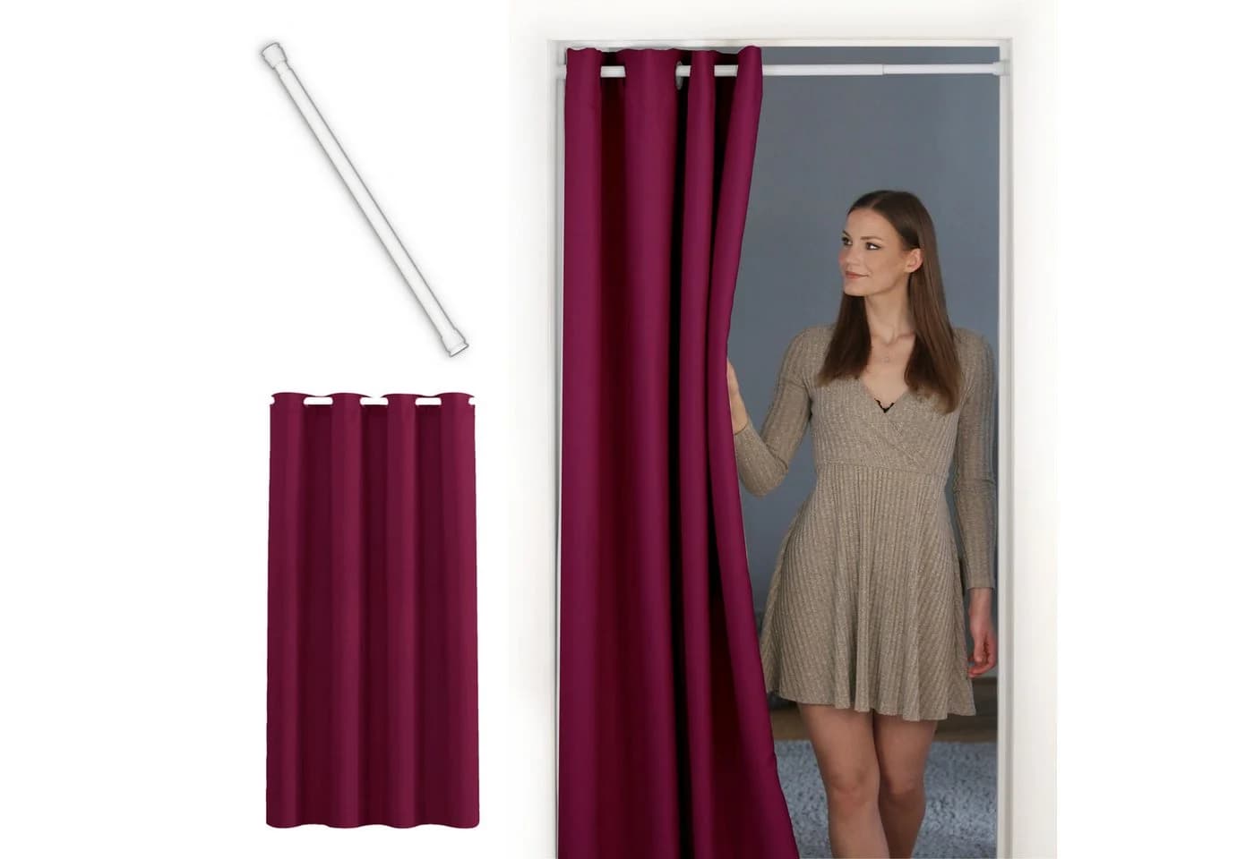 tinycurtains Türvorhang mit Stange weiß 70-120 cm Thermo Vorhang ohne Bohren, blickdicht, Polyester, bordeaux rot Berry - Bild 2