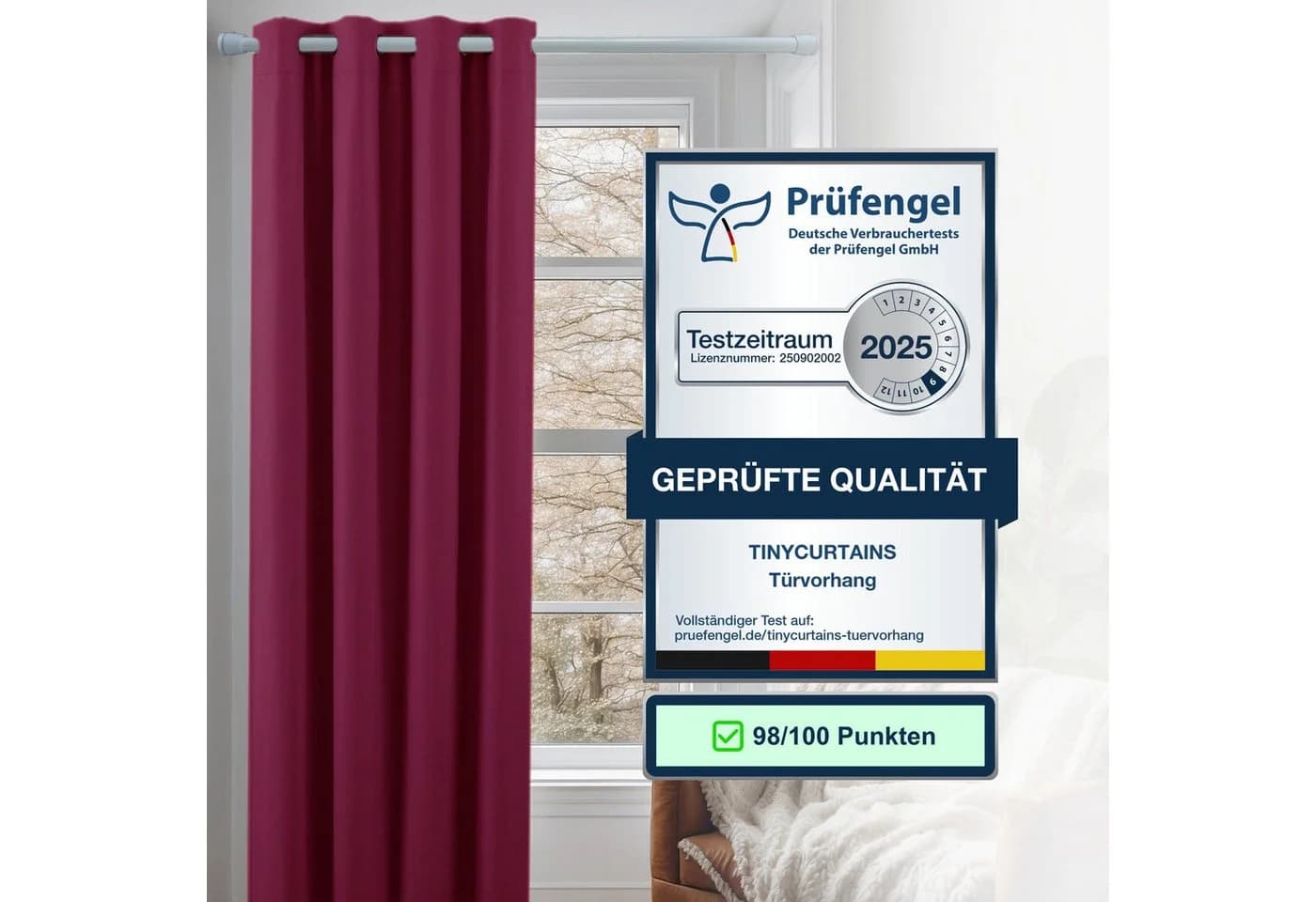 tinycurtains Türvorhang mit Stange weiß 70-120 cm Thermo Vorhang ohne Bohren, blickdicht, Polyester, bordeaux rot Berry - Bild 3