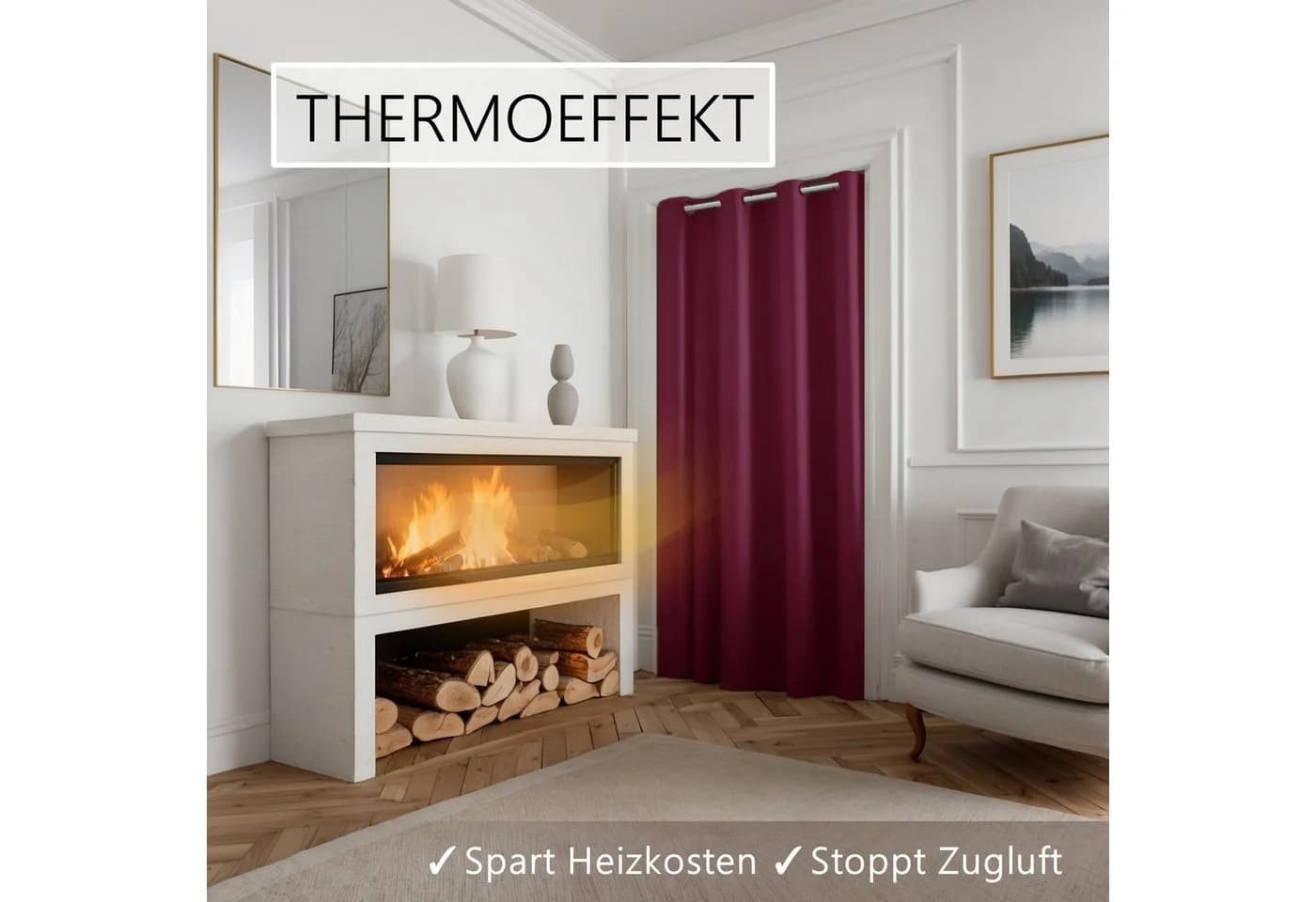tinycurtains Türvorhang mit Stange weiß 70-120 cm Thermo Vorhang ohne Bohren, blickdicht, Polyester, bordeaux rot Berry - Bild 4