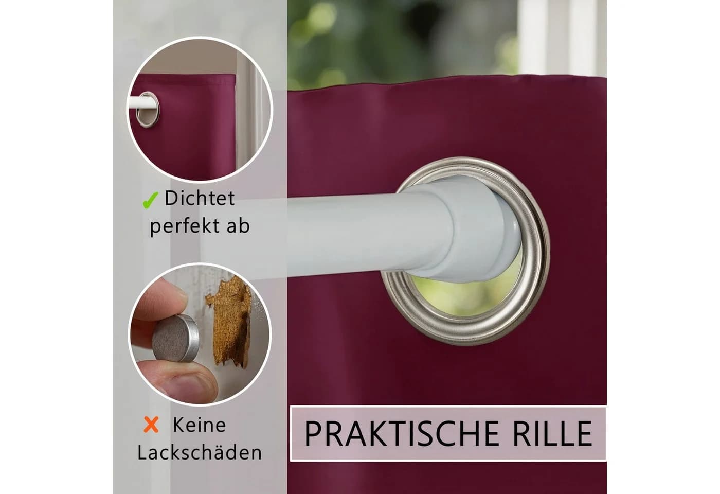 tinycurtains Türvorhang mit Stange weiß 70-120 cm Thermo Vorhang ohne Bohren, blickdicht, Polyester, bordeaux rot Berry - Bild 5