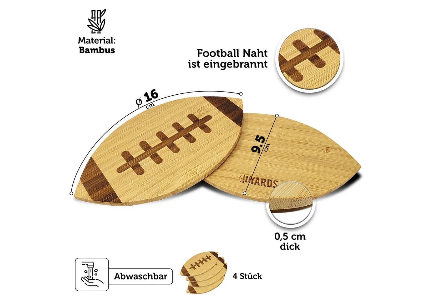 40YARDS Getränkeuntersetzer American Football Bambus Set 4-tlg. - Bild 3