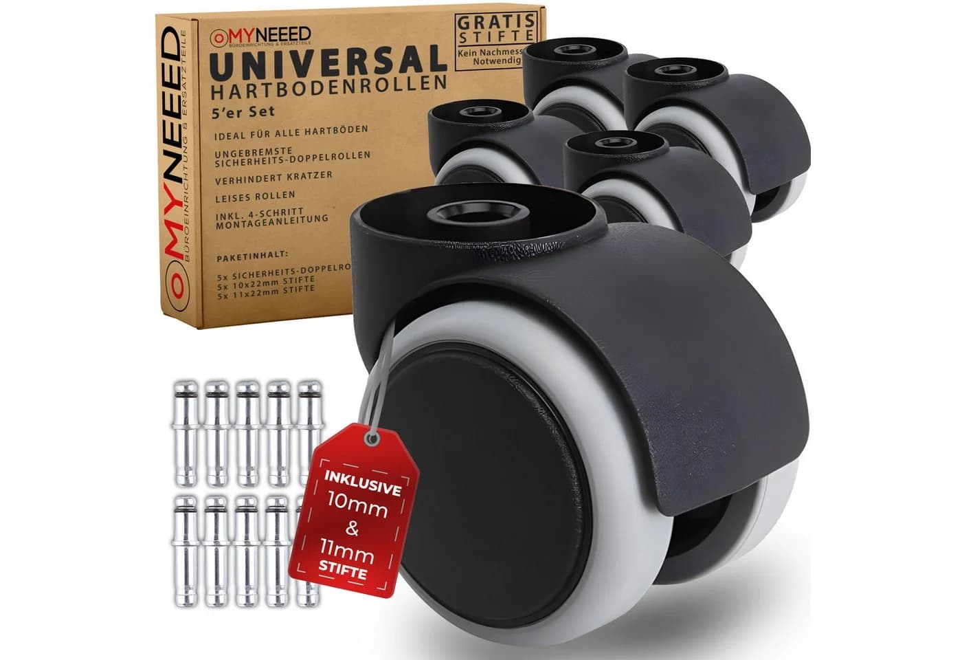MYNEEED Bürostuhlrollen Universal mit 10mm & 11mm Stifte - Bild 2