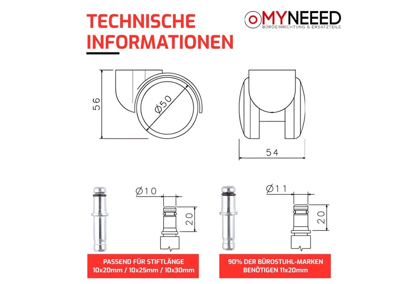 MYNEEED Bürostuhlrollen Universal mit 10mm & 11mm Stifte - Bild 3