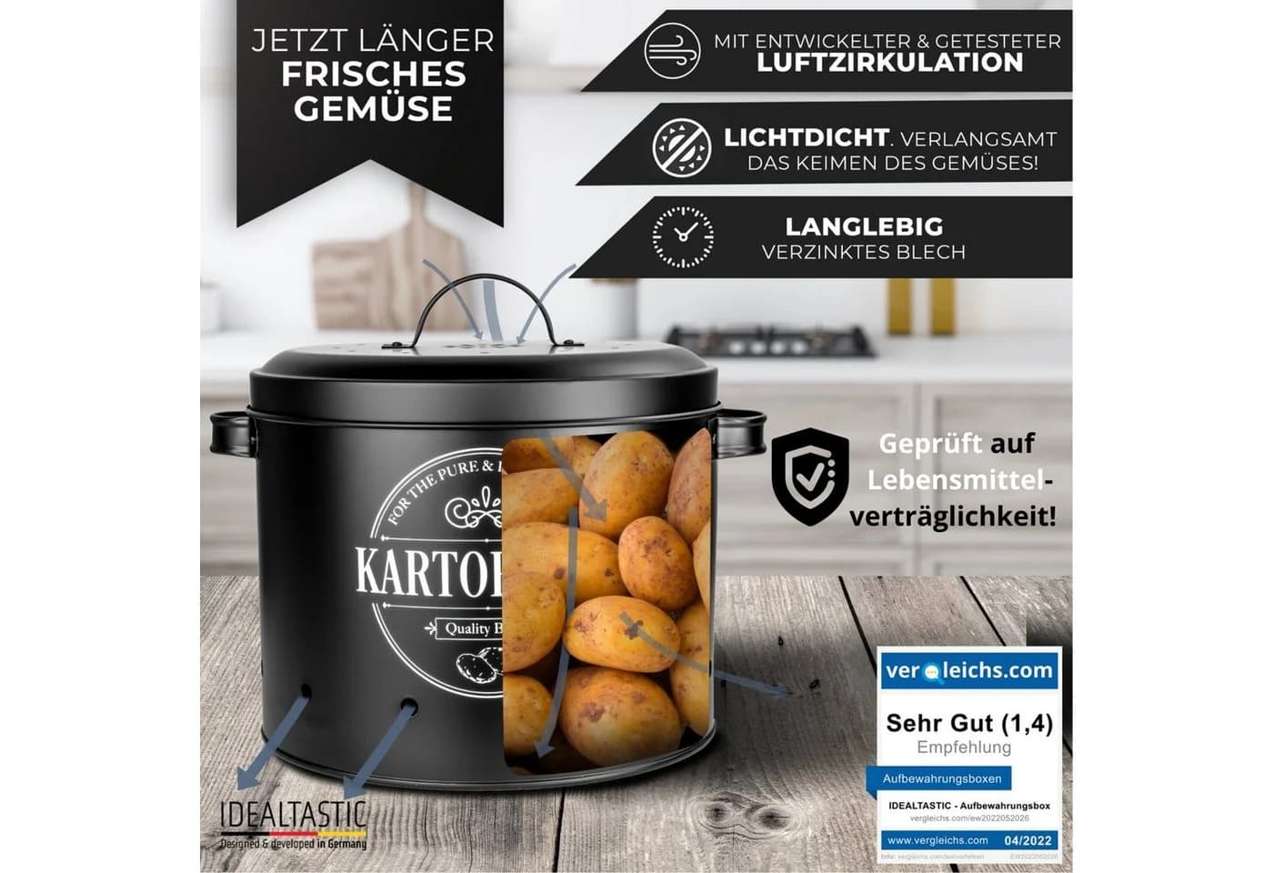 IDEALTASTIC Vorratsdose Set 3-tlg. Schwarz Legierter Stahl mit 360° Belüftung