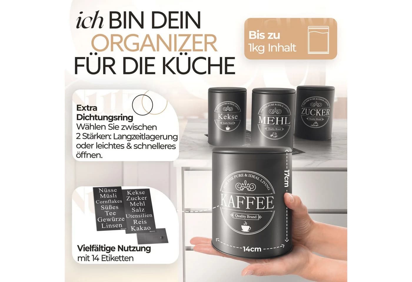 IDEALTASTIC Vorratsdose Premium 1KG Schwarz Stahl Luftdicht