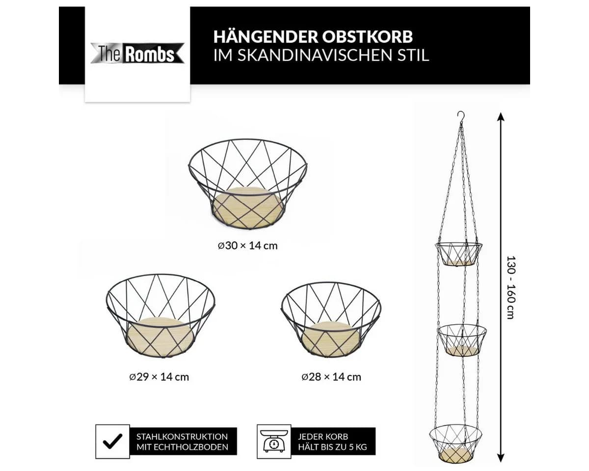COFI 1453 Hängekorb Obstkorb 3 Etagen Schwarz/Naturholz