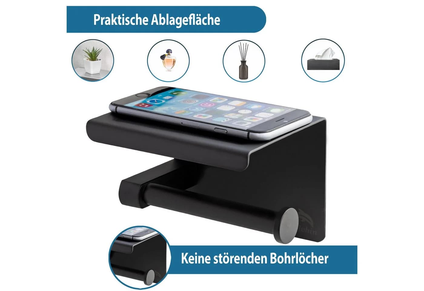 Dolvhin Toilettenpapierhalter ohne Bohren Edelstahl Schwarz Matt mit Ablage - Bild 4