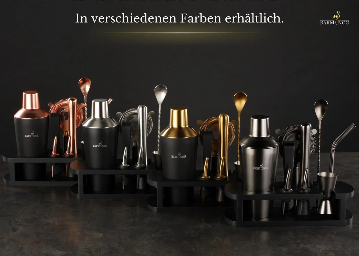 BARMINGO Cocktail-Set 11-tlg. Edelstahl mit Bambusgestell Rosa/Schwarz